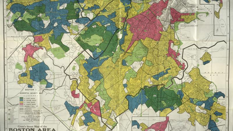 Map of Boston from 1938 with neighborhoods color coded