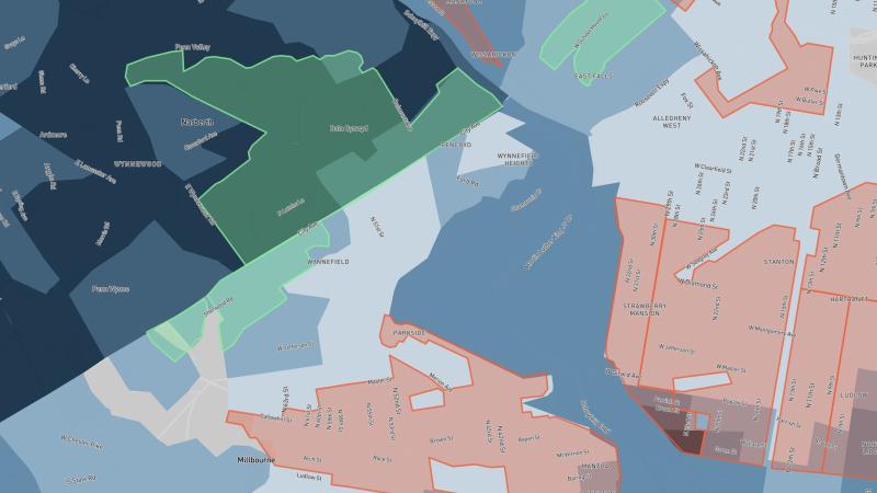 Map of child opportunity index in Philadelphia with neighborhoods colored red and green